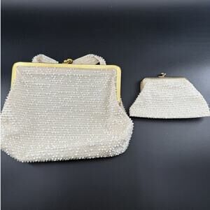 Vintage 1950s Lumured Corde Bead Purse Handbag White Gold Accents Coin Purse